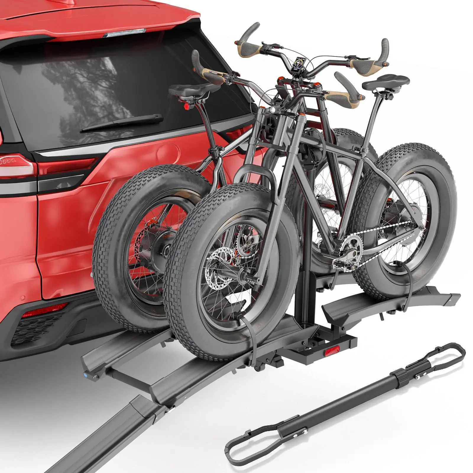 YZONA Heavy-Duty Metal Hitch E-Bike Rack for Adults, Outdoor Sports Equipment with Integrated Ramp, Foldable & Tilting Alloy Steel Platform, 200 lbs Capacity, Extra-Long Tire Straps, Fits 2" Receiver, Fat Tire Compatibility,camping essentials, Garage Stor