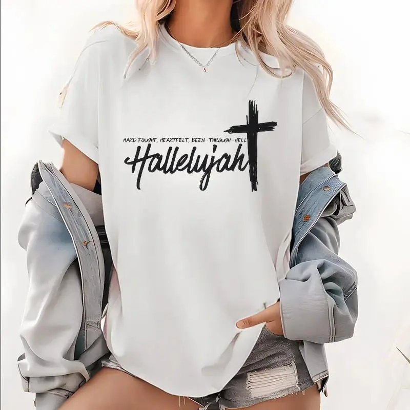 Women's Unisex Oversized Short-Sleeve Crewneck Graphic Tee - Hard Fought Heartfelt Been Through Hell Hallelujah Cross-Print Inspirational Faith Quote, Soft Breathable Cotton Fabric, Casual Streetwear Summer Outfit, Church Gift, Shortsleeve, Printed, Round