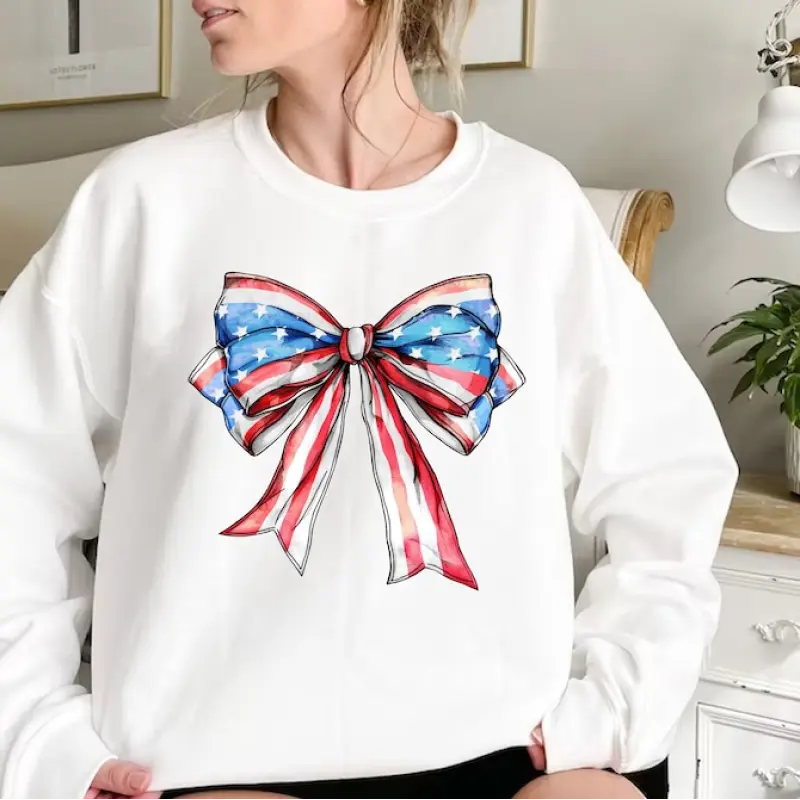 USA Bow Sweatshirt, America Bow Sweatshirt, Patriotic Bow Sweater, Flag Sweatshirt, USA Ribbon Sweater Fabric Fit