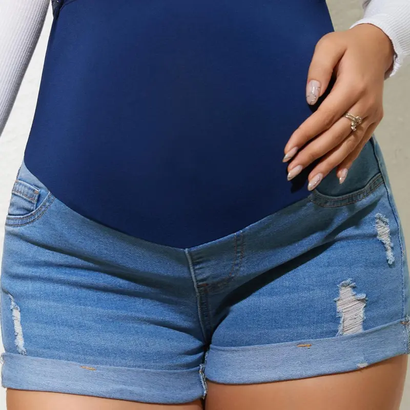Blue Pregnant Denim Shorts, High Waist Loose-Fit, Mesh Rips Design, Lightweight Summer Wear, Fashionable for Home & Outdoors, Casual Fashion Shorts