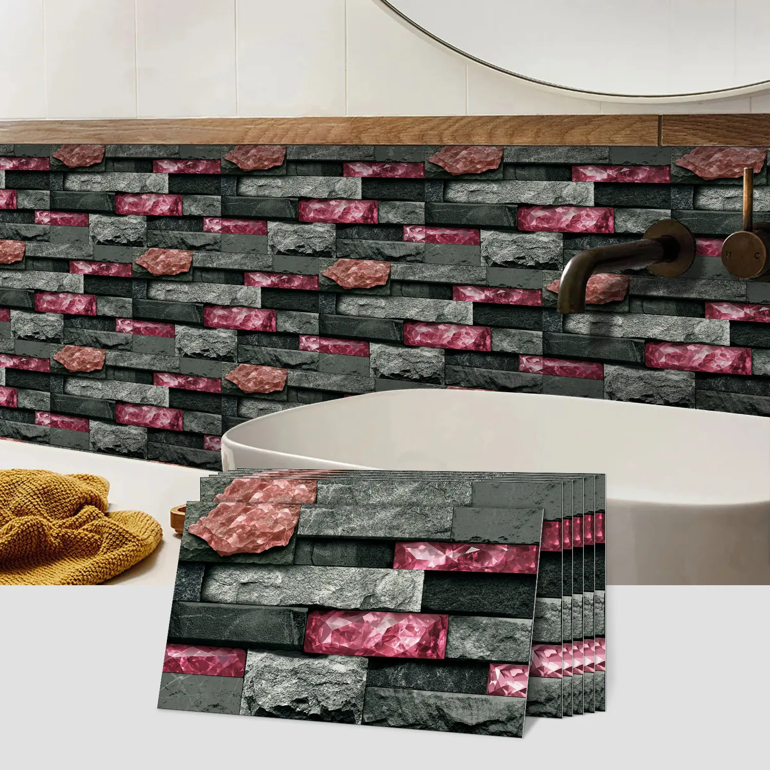 Vintage Tile Stickers, Waterproof Stone Look Wall Decals, Self-Adhesive Durable, for Living Room Feature Walls, Size 15x30cm, 8/16/32 Pieces