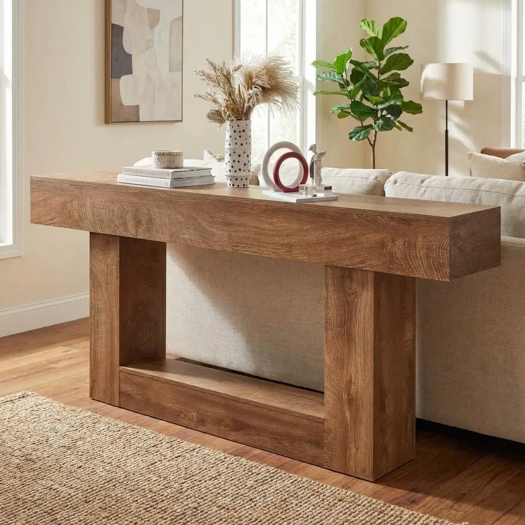 63-Inch Rustic Brown Wooden Console Table – Rectangular Farmhouse Sofa Table for Behind Couch, Entryway, Hallway, Entrance, Living Room