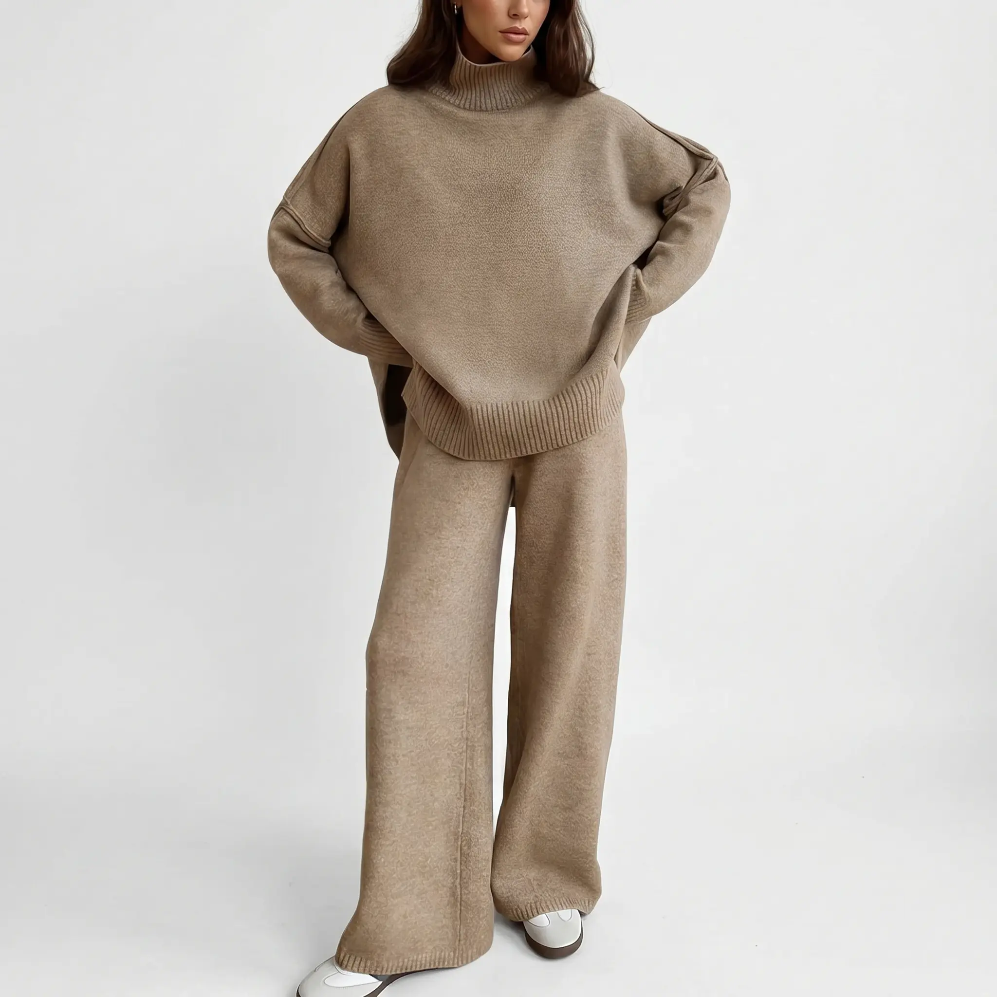 Arssm Women’s 2 Piece Sweater Lounge Set – Mock Neck Knit Top & Wide Leg Pants, Casual Fall Matching Sweatsuit Tracksuit Outfit for Cozy Travel & Daily Wear