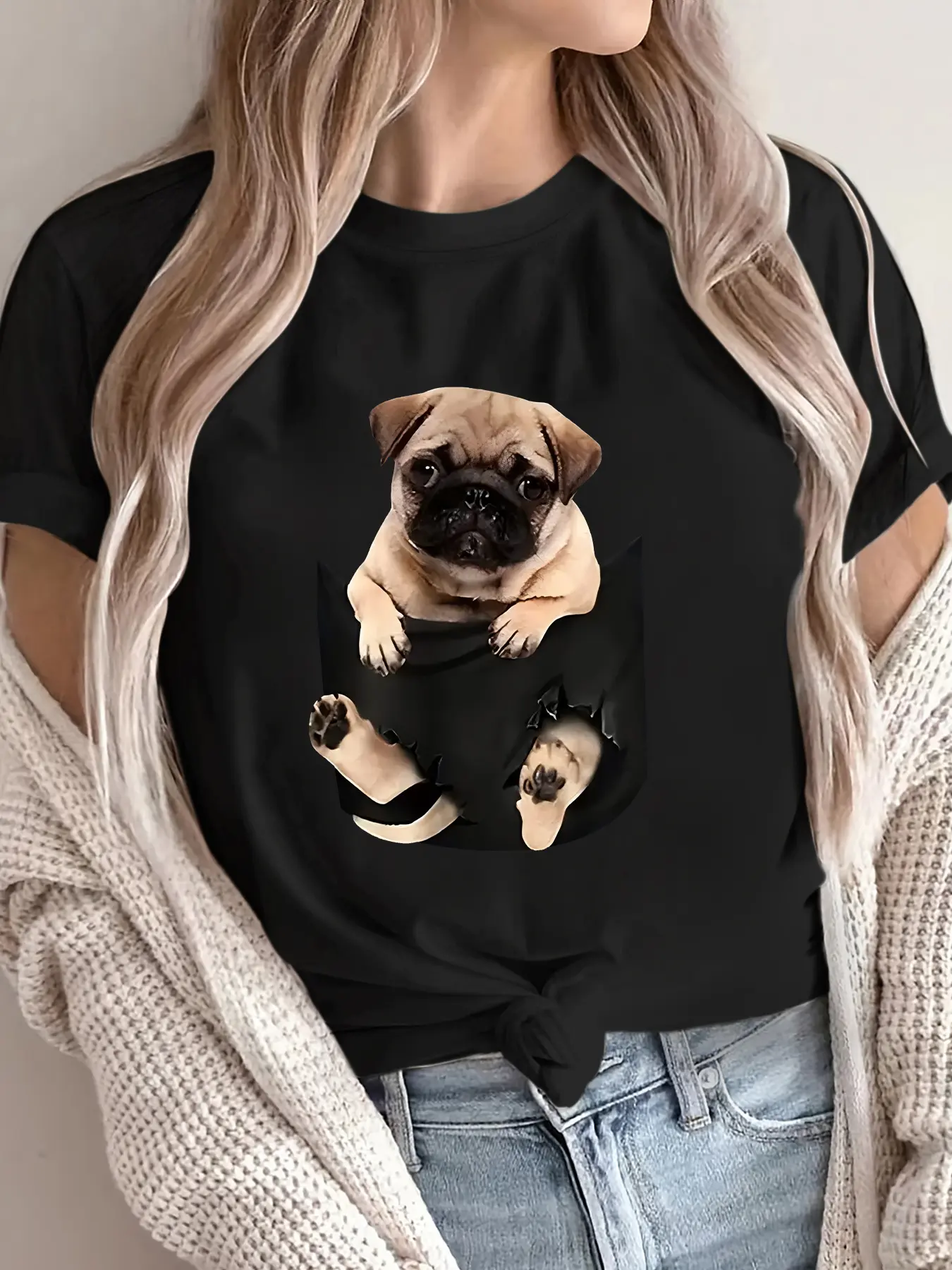 Women's Casual Short Sleeve T-Shirt with Cute Pug Dog Print - Soft Polyester Fabric, Round Neck, Regular Fit, Machine Washable, All-Season Comfort for Casual Attire, Cute T Shirts, Easy Care Top, Relaxed Style Shirt, Comfortable Top, Breathable Fabric, Pr