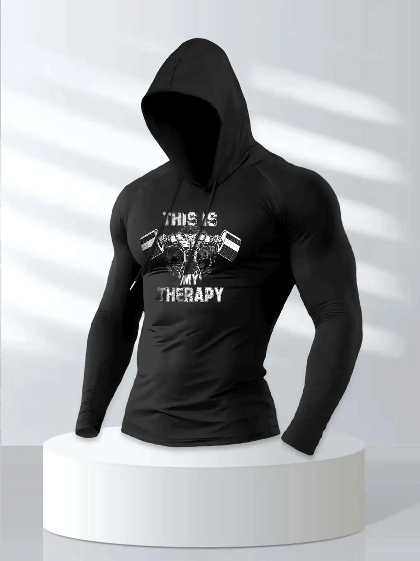 Men's Thin Hooded Fitted Long Sleeve T-Shirt, Fashionable Unique Weightlifting Graphic Letter Print, Casual Knit Top, Soft Fabric, All Seasons Perfect Gift, Menswear
