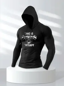 Men's Thin Hooded Fitted Long Sleeve T-Shirt, Fashionable Unique Weightlifting Graphic Letter Print, Casual Knit Top, Soft Fabric, All Seasons Perfect Gift