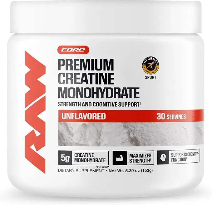 RAW Nutrition Creatine Monohydrate Powder, Unflavored (30 Servings) - Micronized Creatine Monohydrate Supplement for Workout Performance, Build Muscle & Strength - Creatine Powder for Men & Women