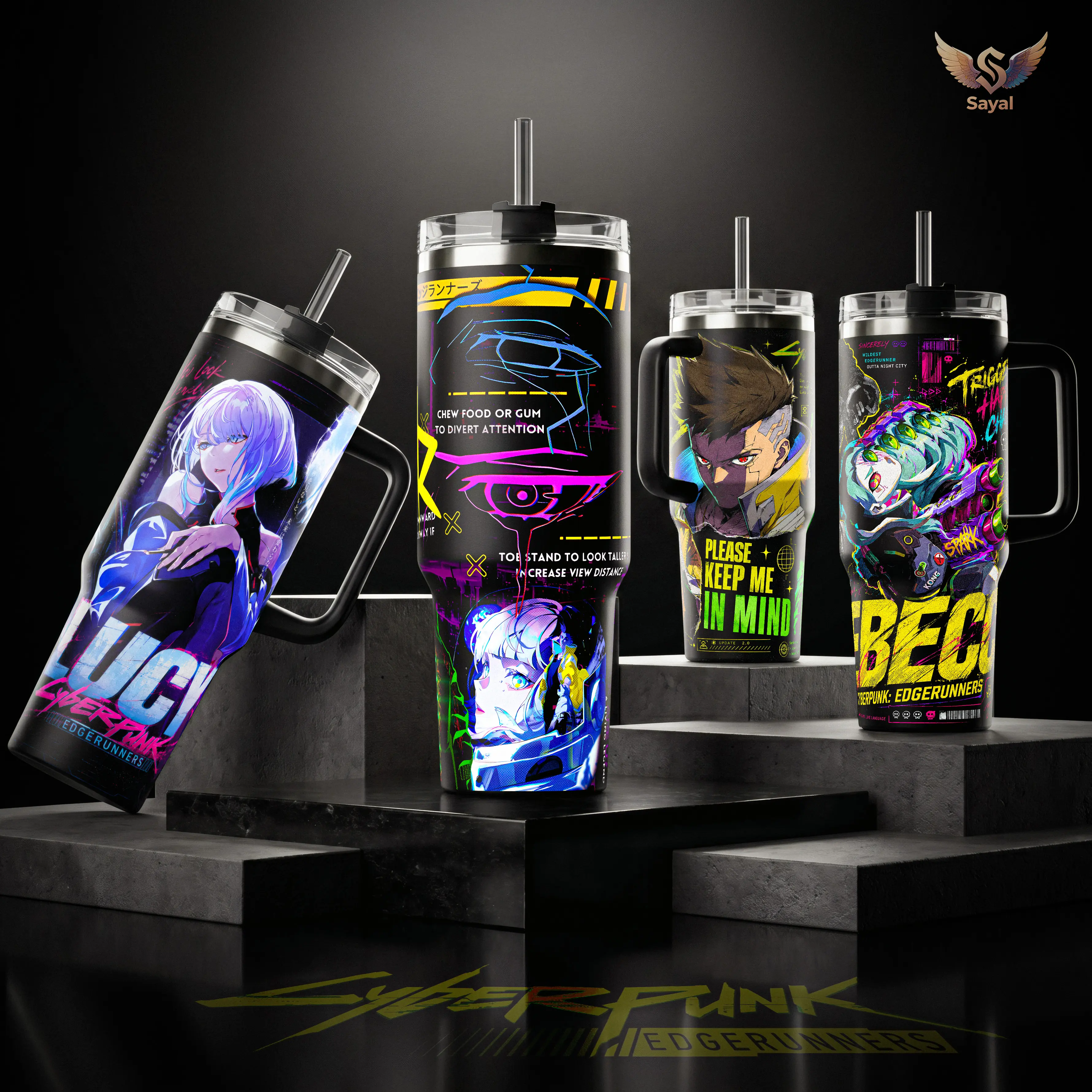 Lucy Rebeca David Edgerunners Wildest Night City 40oz Vacuum Insulated Tumbler Stainless Steel With Handle Straw Keeps Drinks Hot Cold 12H Cyberpunk Anime Merch Water Bottles Leakproof Drinkware