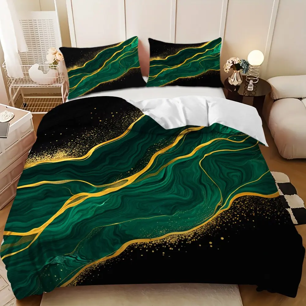 Bedding Set, Decorative Bedding Set - 3pcs Black with Green and Gold Abstract Texture Design Down Comforter Set (1 comforter cover + 2 pillowcases, filling not included)