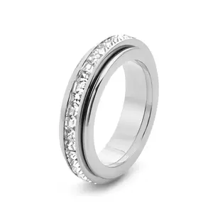 Anxiety Rings for Women and Men Titanium Steel Spinner Fidget Band Rings with Cubic Zirconia for Stress Relief and Wedding Promise Comfort Fit Size 5 to 12