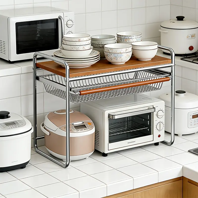1 piece — 3.4 kg multifunctional kitchen storage rack, multi-layer — basic open storage space suitable for microwave ovens, ovens, and air fryers; versatile storage rack. Sturdy adjustable metal shelf with metal stand. Perfect for microwave ovens, ovens,