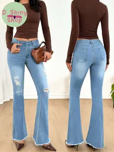 Women's Simple Comfort Fashion Denim Bell Bottoms, No Belt Hole Design, Plus Size Jeans, Casual Style, All Seasons Wear