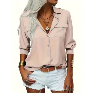 Ladies' Solid Color Lapel Long Sleeved Button Up Casual Shirt Top With Pockets, Suitable For Beach, Street, And Daily Wear
