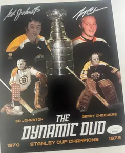 Gerry Cheevers & Ed Johnston signed 8x10with JSA Witness Bruins Stanley Cup