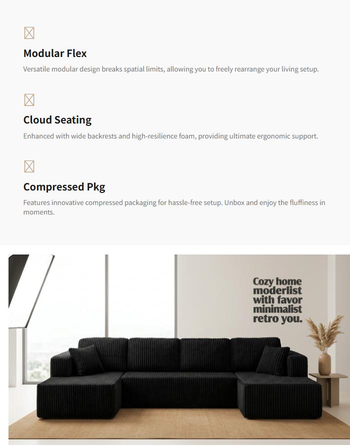 [2 Packs Shipped] Niccae U-Shaped Modular Sectional Sofa - 132.5" Corduroy Upholstered 5-Seat Oversized Living Room Furniture, No-Assembly-Required Modern Couch with 2 Pillows for Living Room, Upholstered Sofa Couch