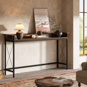 LITTLE TREE Sofa Table with Outlets and USB Ports, 70.9 inch Extra Long Console Table Behind Couch with Charging Station, Industrial Narrow Entryway Hallway Accent Table for Living Room