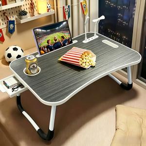 Folding Home Essential Oversized Wooden Laptop Bed Table, Foldable Computer Tray with Cup Holder, USB Fan, Light, Durable Portable Work Station for Bed, Sofa - Sleek Black Home Organizer Utility Rack