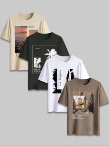 Men's New York City Coconut Tree Print Tropical Round Neck Short Sleeve Fitted T-Shirt, 4 Pack Set Casual Comfortable Tops for Summer Outdoor Wear Streetwear Tee Casual Comfy Streetwear