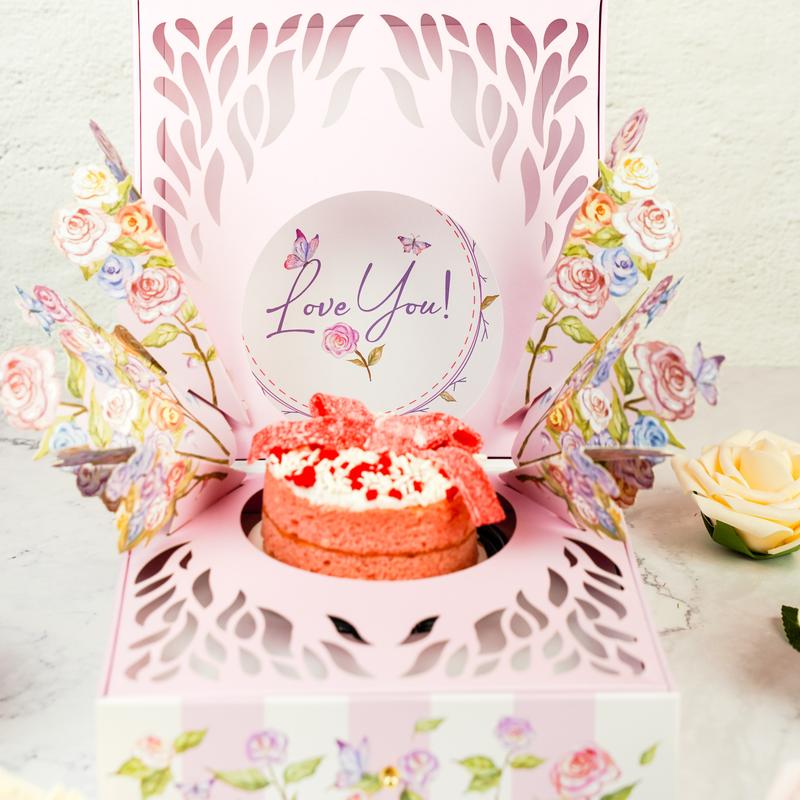 Love You Bloom Box by Send A Cake - A Delightful Surprise Perfect For Valentine's Day, with Strawberry Short Cake & Pop-Up Flowers - Unique & Beautiful Gift Set For Any Occasion - A Dessert Worth Sending