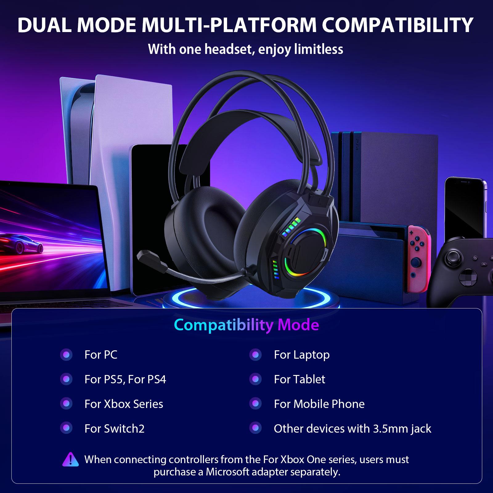 Stereo Surround Gaming Headset for PC, PS4, PS5, Xbox Series X/S Controller, Cell phone Headset with Noise Canceling Mic, LED Light Over Ear Headphones