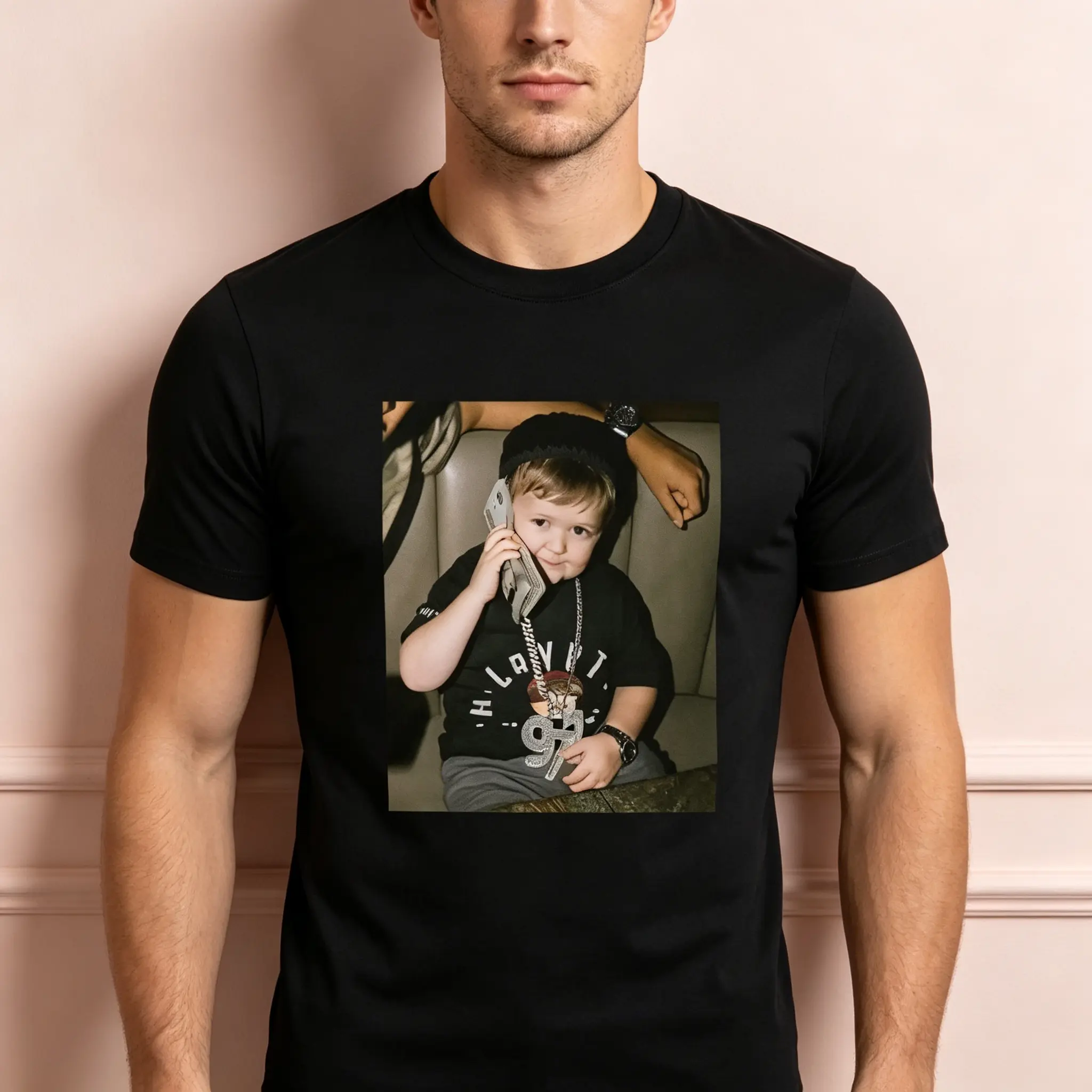 "Hasbulla Money Phone Meme" Graphic T-Shirt - Funny Mini Khabib Magomedov Statement Top - Viral Internet Culture Aesthetic Apparel - Comfortable Short Sleeve Graphic Shirt - Unique Professional Detail Crew Neck Tee