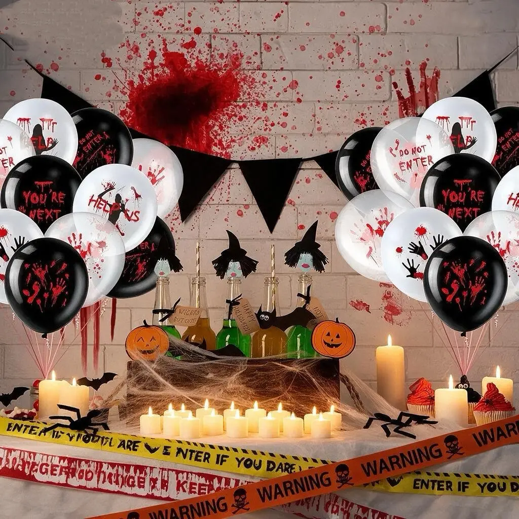 Halloween Haunted House Decor Kit – 54PCS Bloody Balloons, 24PCS LED Candles & Warning Tape Set for Indoor Outdoor Party Ornaments-Perfect for Haunted House, Front Door, Lawn, Horror Themed PartyTransform Your Space Into a Scary Haunted House