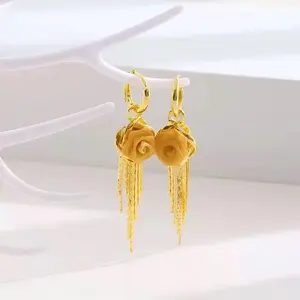 Rose Tassel Earrings Gold Long Drop Earrings French Style Floral Earrings Sparkling Chain Jewelry, Elegant Statement Earrings for Women