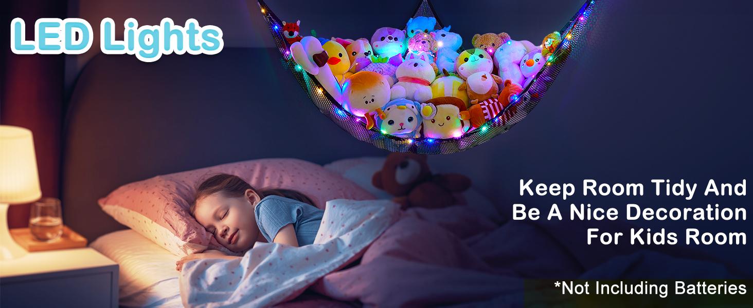 Castle Stuffed Animals Net or Hammock Kids Toy Storage Organizer with LED Light Hanging Corner Stuffed Animals Holder Kids Girls Room Decor,Black,Large (Pack of 1)