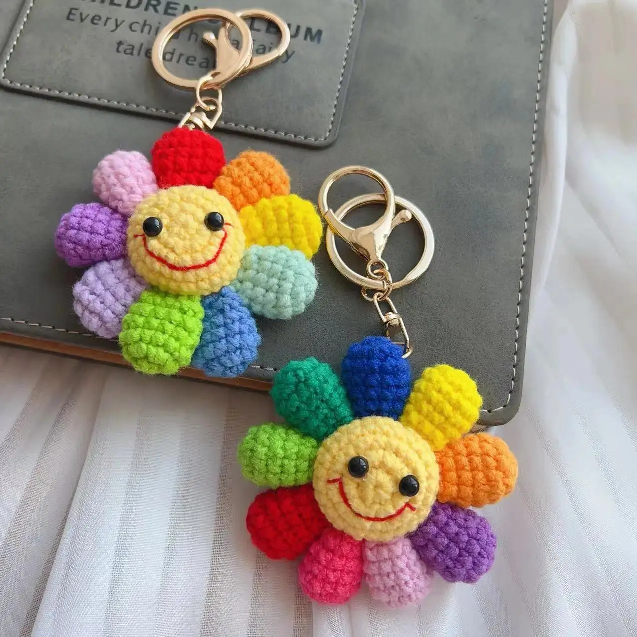 Handmade Sunflower Crocheted Yarn Keyring - Split Ring Charm, DIY Phone Accessory, Backpack Pendant, Car Home Key Ring, Everyday, Snap Hook