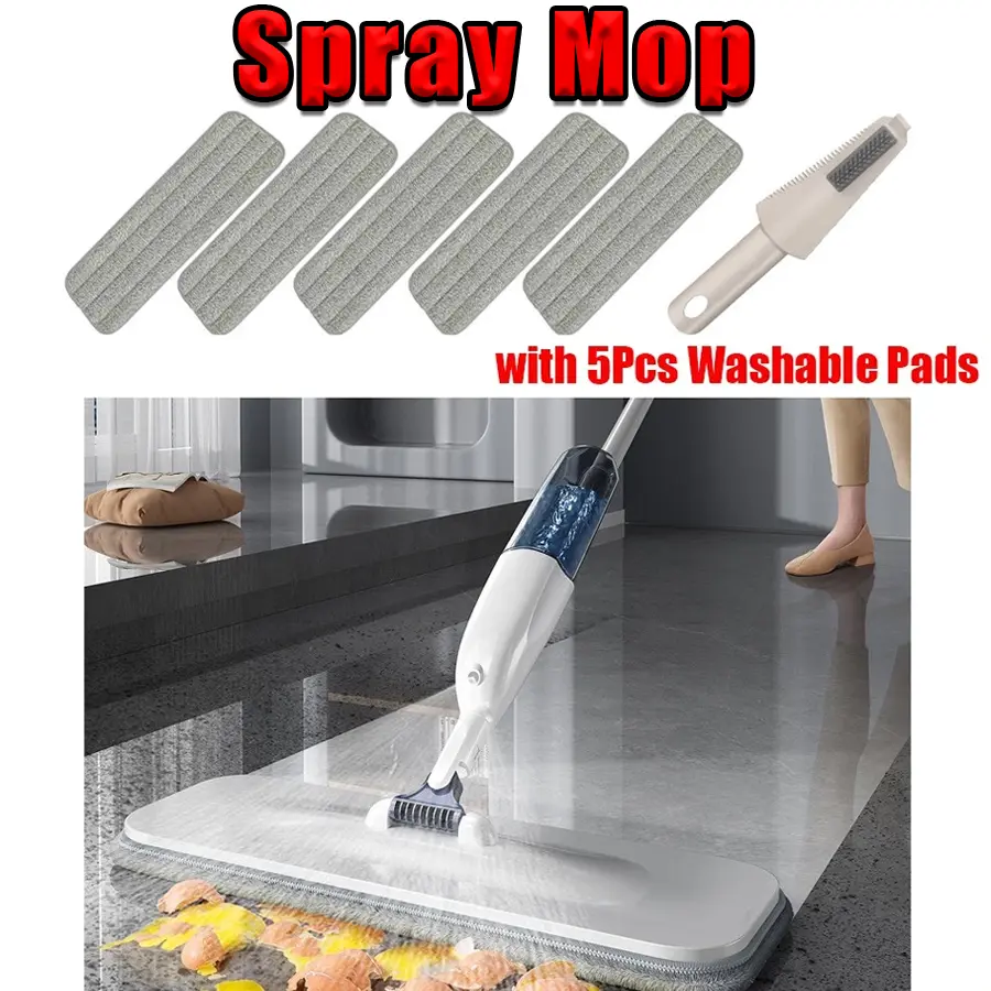 Wet Mop Cleaner Spray Mop for Floor Cleaning - Extra-Large Reusable with 5 Washable Reusable Pads, 250ml Refillable Bottle, Trigger, Lightweight Handheld Design, Suitable for All Ages Wet/Dry Mopping, 5 Washable Pads