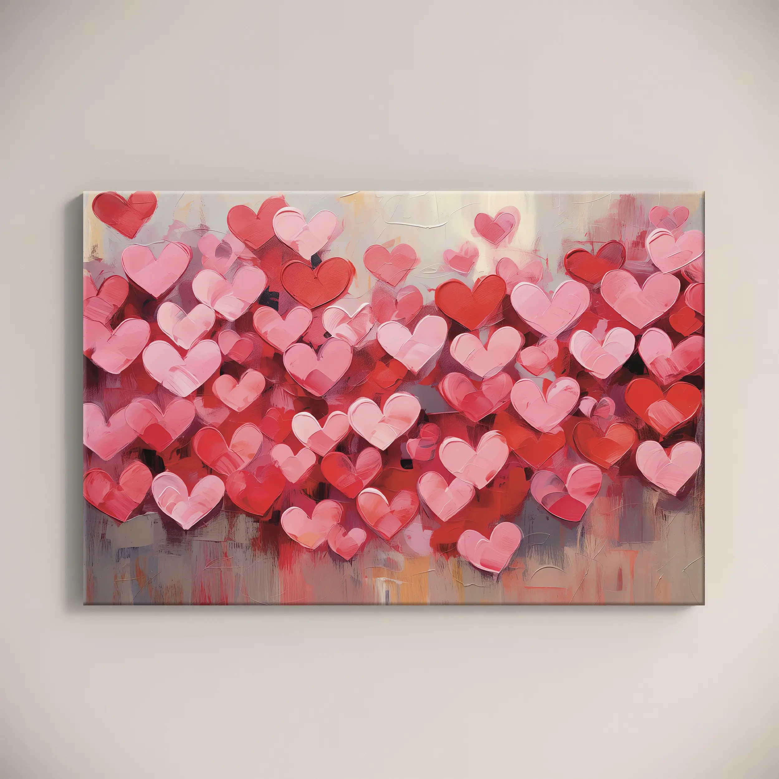 Romantic Pink Red Hearts Canvas Wall Art, Valentine's Day Gift For Her, Abstract Love Painting Style Poster, Anniversary Bedroom Decor