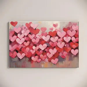 Romantic Pink Red Hearts Canvas Wall Art, Valentine's Day Gift For Her, Abstract Love Painting Style Poster, Anniversary Bedroom Decor