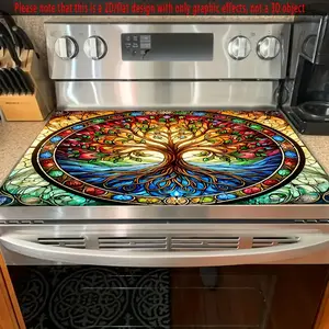 A life tree colored glass art design rubber stove cover protective cover, with bright blue, green, red, and orange tree flower patterns, durable and easy to clean, suitable for kitchen and stove cover protective covers, oven mats, and absorbent mats