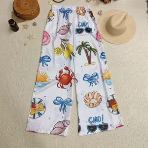 White Seaside Holiday Printed Casual Trousers, Vacation Pants With Shell and Sun Pattern For Women