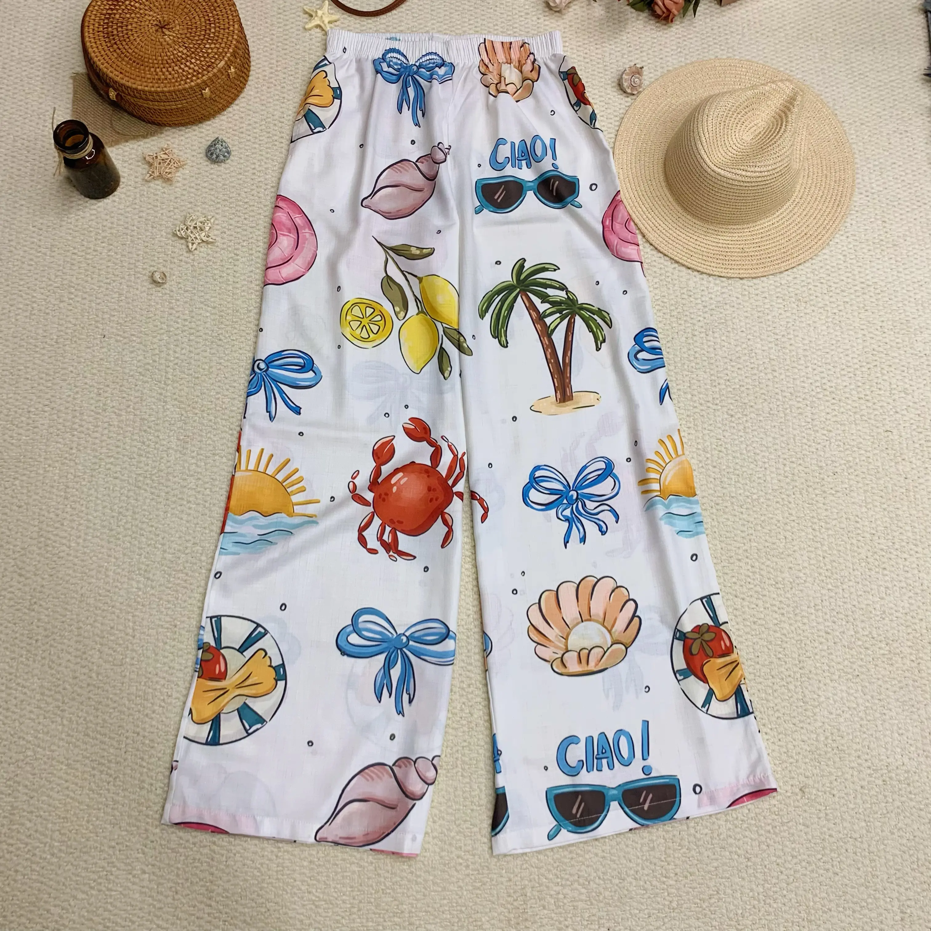 Women's White Seaside Holiday Printed Casual Boho Pants - Women's Bottom With Sea Motifs, Beach Vibes, Breathable Fit For Vacation Wear, Vivid Prints