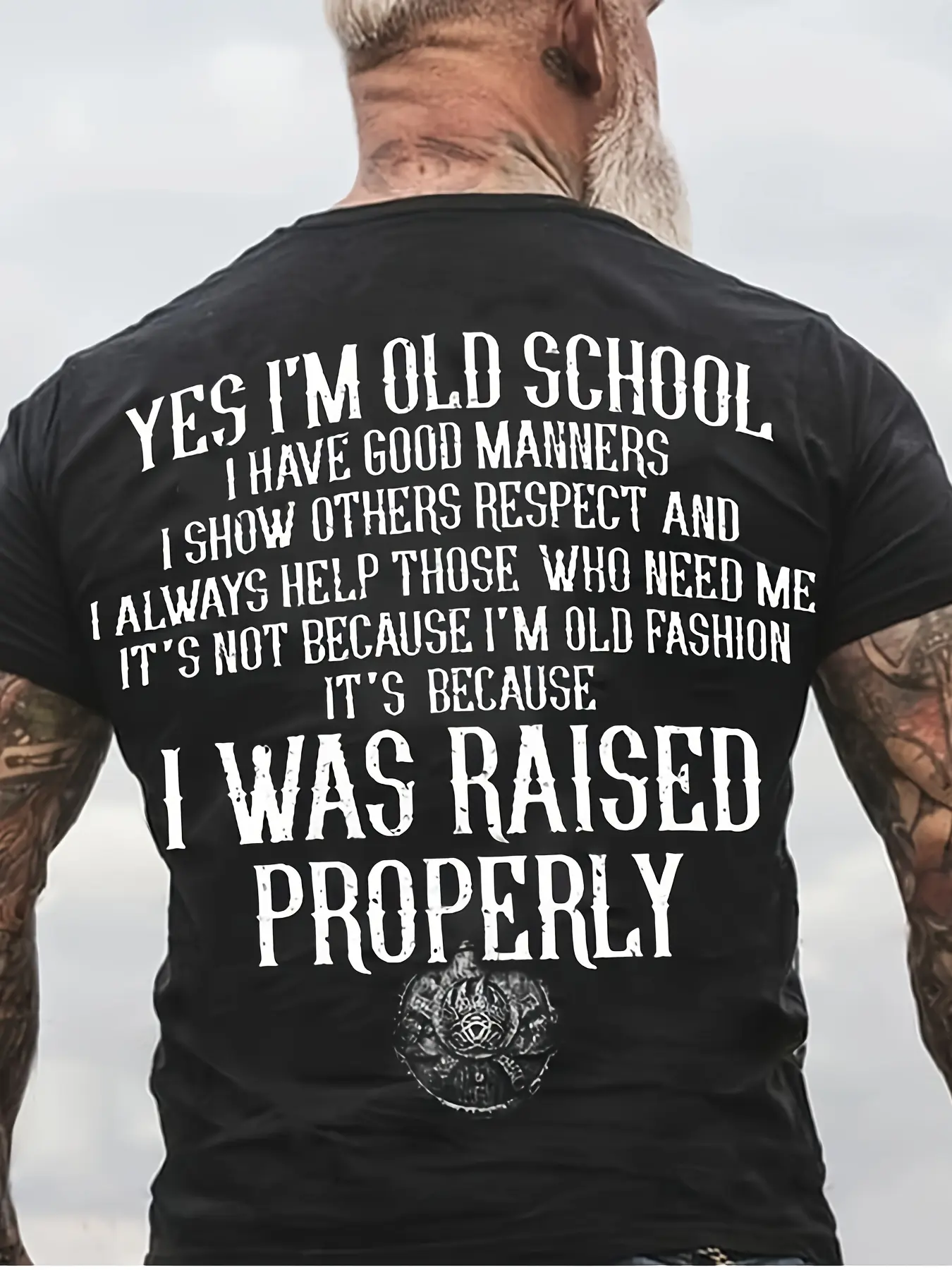 Men's Funny Vintage "Yes I Was Raised Properly" Retro Graphic T-Shirt - Distressed Text & Manners Slogan, Soft Crew Neck Casual & Formal Wear, Oversized Fit, Machine Washable Black Top, Plus Size Available - Humorous Statement Tee for Everyday & Formal Ev