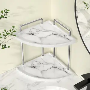 Hancrafted Ceramic Bathroom Sink Counter Organizer, 2-Tier Corner Counter Shelf with Marble Pattern, Vanity Skincare Perfume Organizer and Makeup Storage, Polished Chrome, BSC901-CH