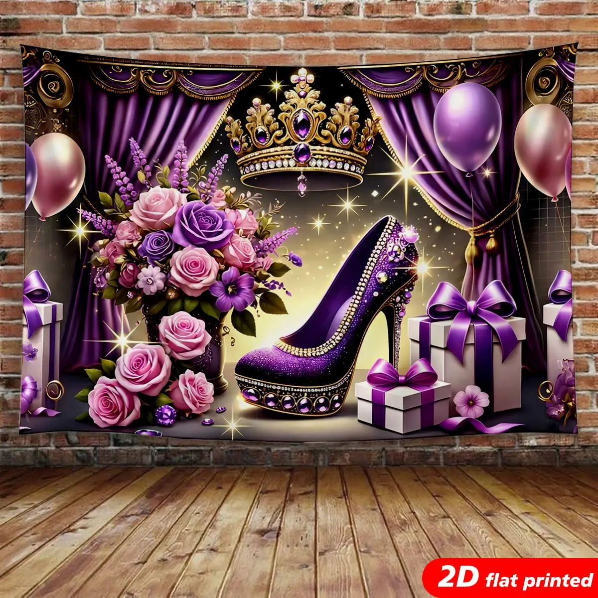 Purple Royal Glam Rectangular Tapestry Wall Hanging - 2D Graphic Artwork Print with Crown, High Heel, Rose, Balloon - Wrinkle Resistant, Machine Safe Women’s Home Decor, Decor Inspo Birthday Gift Idea