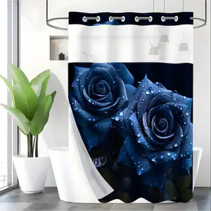 LVRLVR 1pc Elegant Dark Blue Rose Shower Curtain with Sheer Top Window, Detachable Liner & No Hook C-Ring, 70.8" x 74"