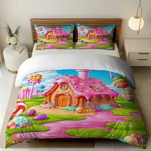 3PCS Duvet Cover Set, 1 Duvet+2 Pillowcases(Without filler), Candyland Gingerbread House Lollipop Rainbow theme, Christmas bedding set, Colorful Fantasy Sweet Dreams Cozy Suitable for decoration Bedroom Hotel Guest House