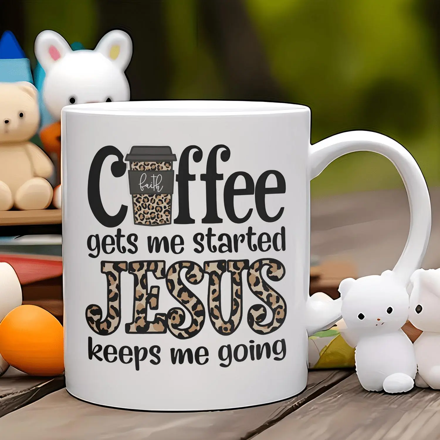 1pc Christian Bible Verse Coffee Mug "Coffee Gets Me Started Jesus Keeps Me Going" - 11oz White & Pink Leopard Print Jesus Name Cup, Ceramic Inspirational Religious Gift for Women & Men, Church, Home, Office Use, Faith-Based Tea/Cocoa Cup