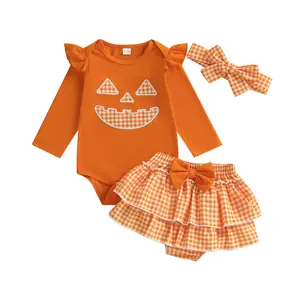 Newborn Baby Girl Halloween Clothes Long Sleeve Pumpkin Face Romper Shirt Bows Layered Skirt Shorts Outfit