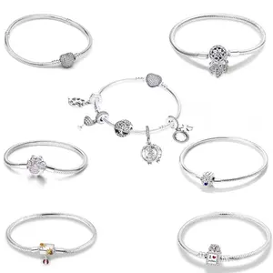 925 Sterling Silver Charm Bracelet,  DIY Snake Chain Bracelet with Cubic Zirconia Suitable for Pandora Beads for Women