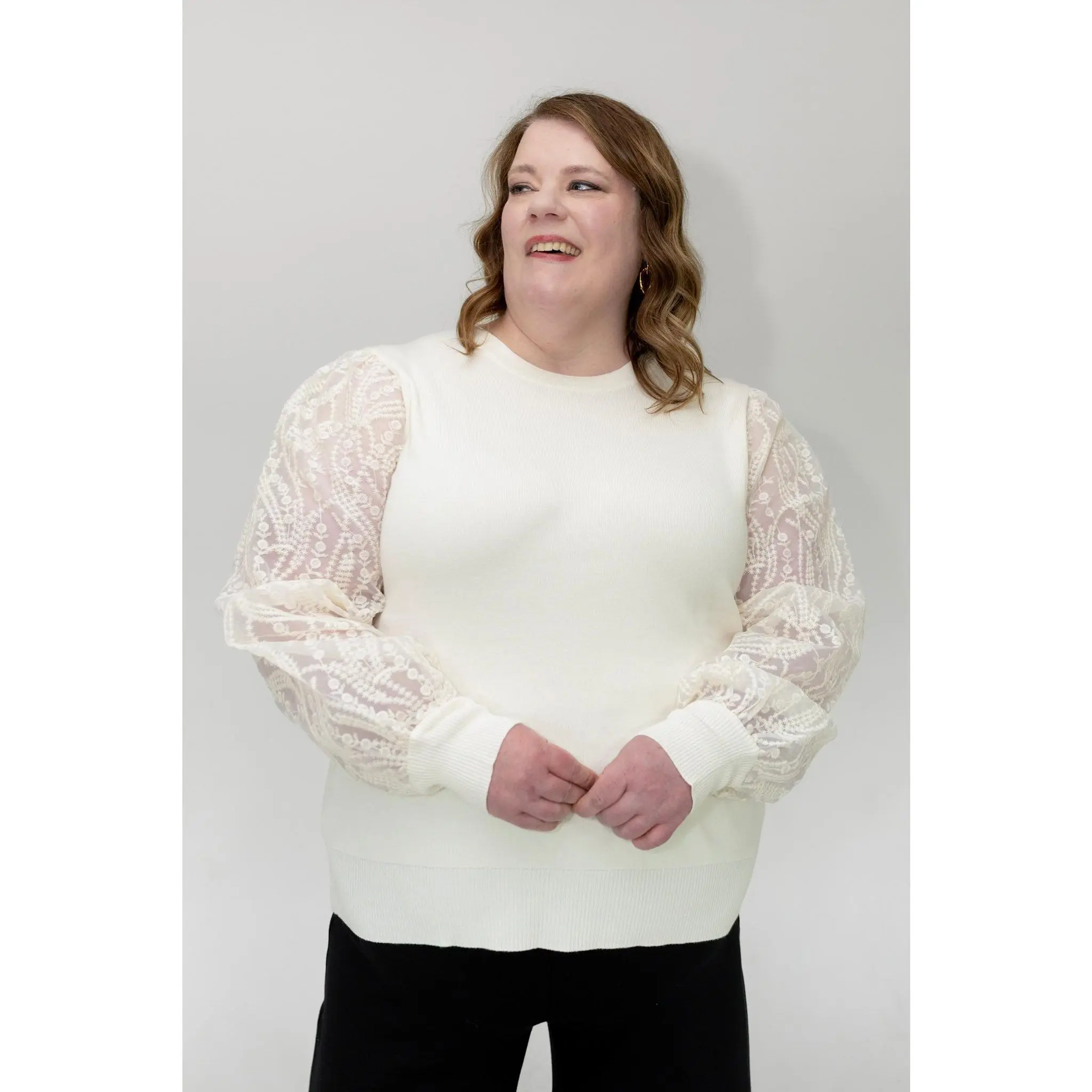 Women's Knit Sweater with Feminine Sheer Embroidered Lace Sleeves - Romantic Crewneck Hip Length Pullover, Fabric, Knitwear, Earrings, Jacket, Lady, Piece, Style, Trouser, Lightweight, Chic, Casual, Tops, Denim
