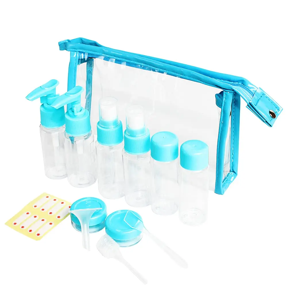 Travel Bottles Kit, TSA Approved Leak Proof Portable Toiletry Containers Set, Clear flight size PET Cosmetic Containers for Lotion, Shampoo, Cream, Soap, Set of 11 (Blue+Plastic)
