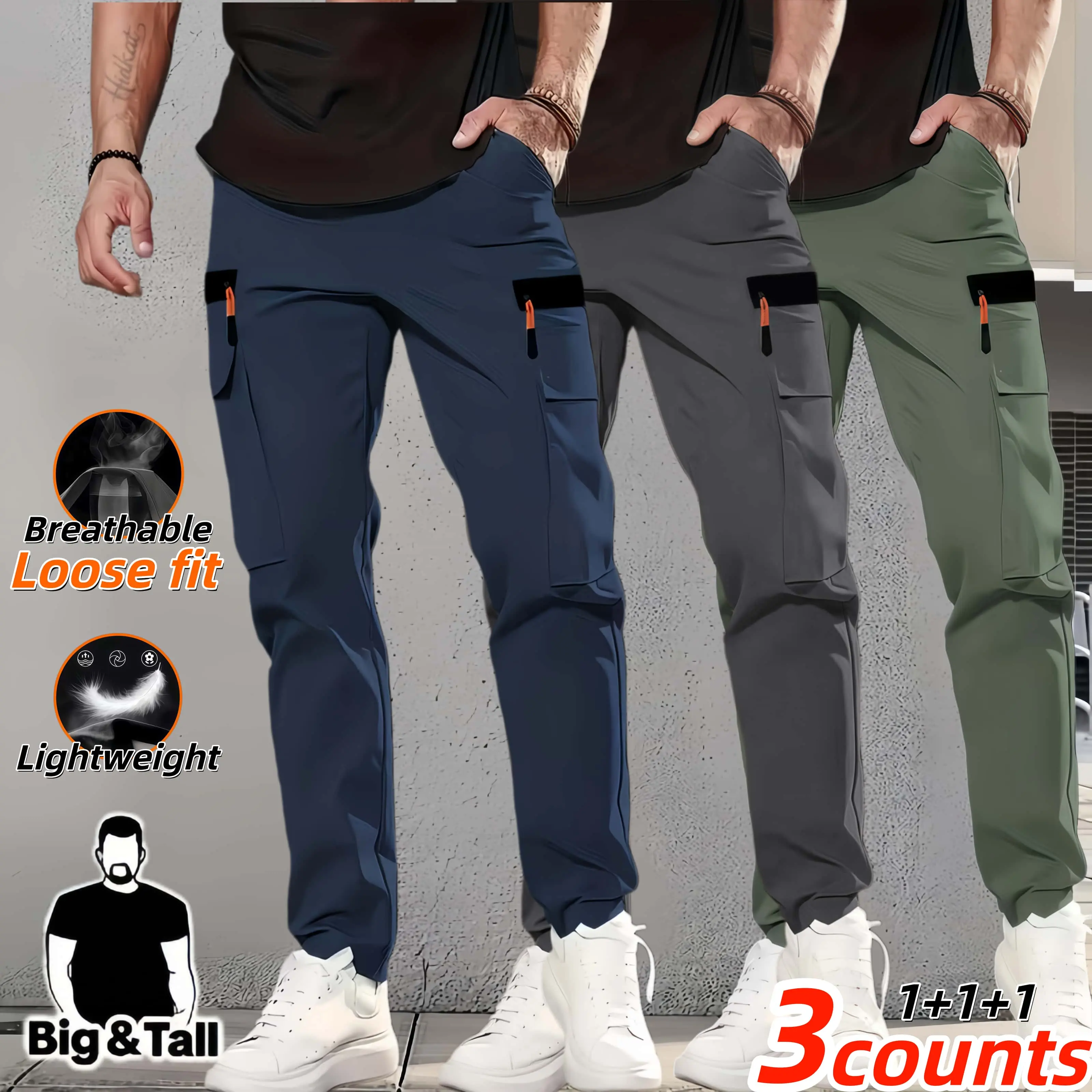 Big & Tall Men’s Lightweight Cargo Jogger Pants, Plus Size Loose Fit Breathable Quick Dry Tapered Trousers, Zipper Flap Multi Pockets Elastic Drawstring Waist Outdoor Workwear Pants for Hiking, Walking & Daily Casual Street Outfits