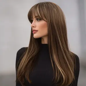 SMILCO/24Inch Highlight Gold with Brown Medium Straight with Bangs Synthetic Wig/SM522