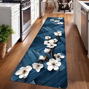 1PC， Blue and White Magnolia Branch Pattern strip rugs, home décor, bathroom mats, entryway mats, bathroom non-slip mats, indoor entrance rugs, bedroom bedside mats, kitchen mats, hallway rugs, flannel sponge rugs, hallway runner rugs