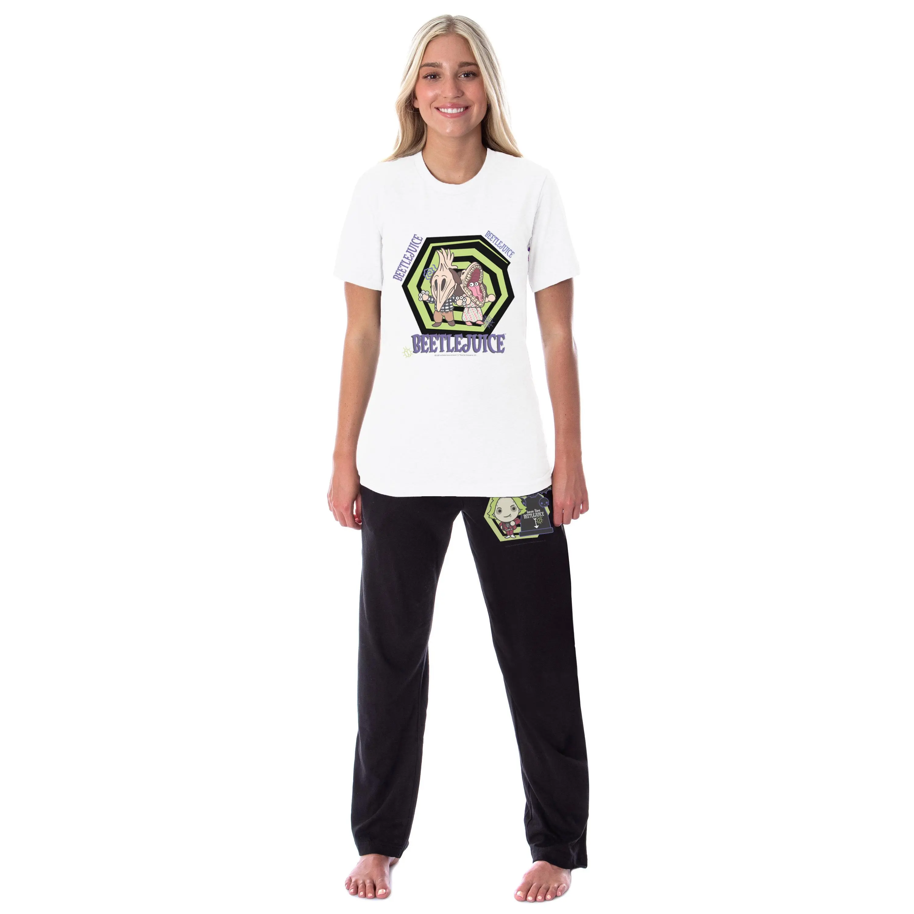 Women's Beetlejuice Chibi Maitlands 2-Piece Cute Nightwear Pajama Set - Shirt, Pants, Everyday Apparel with Stylish Design for Loungewear