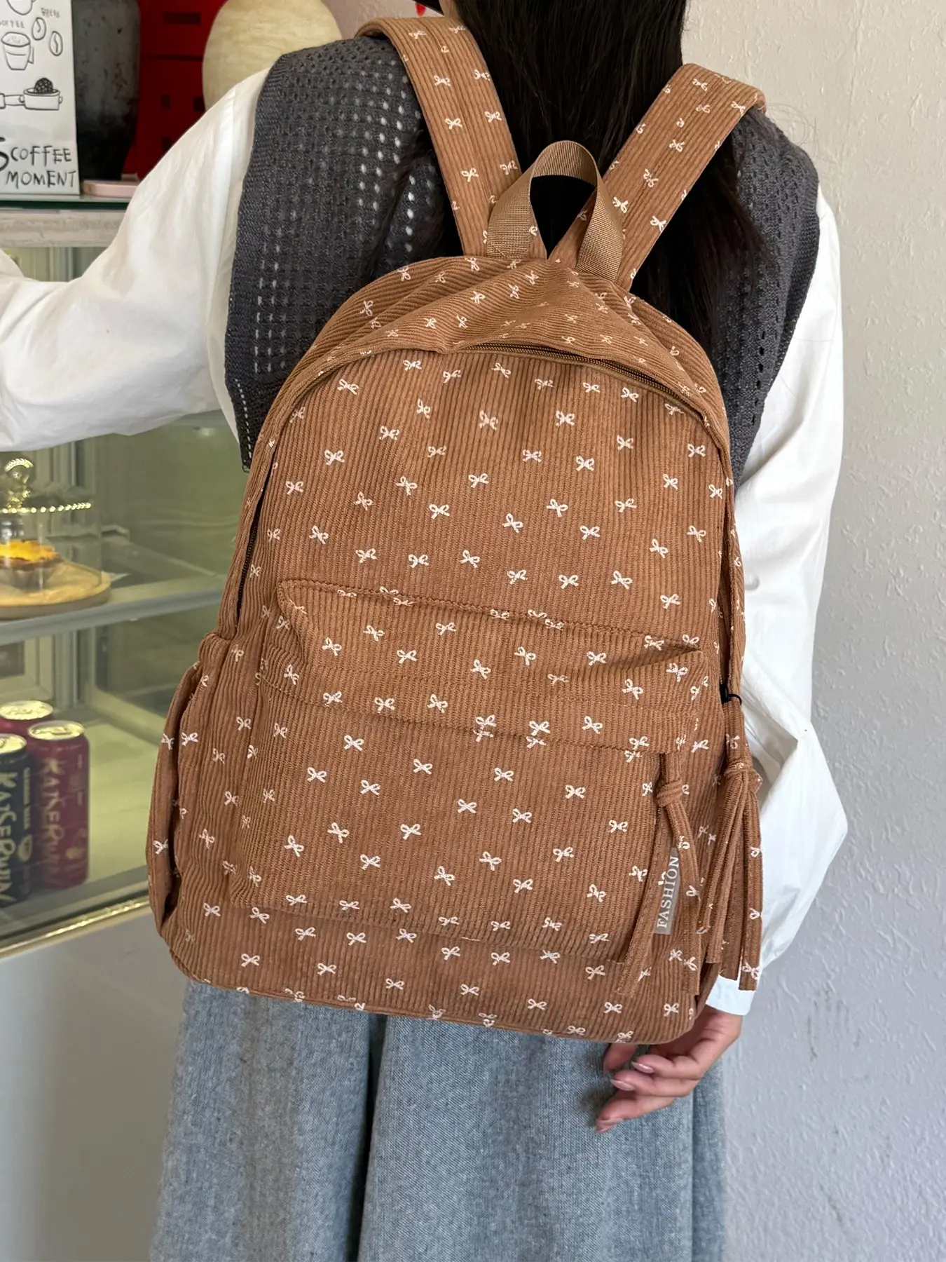 1pc  Women's backpack with large capacity, zipper closure, bow print, fashionable and versatile, cute and trendy, suitable for students to go to school, campus, travel, commuting, women's backpack, Casual Backpack, Travel Backpacks